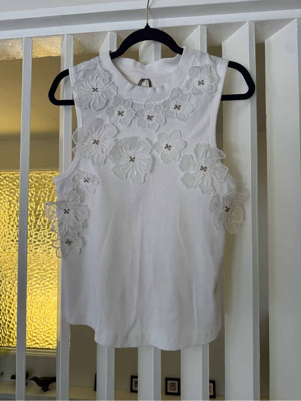 Anthropologie White Floral Appliqué Tank Top